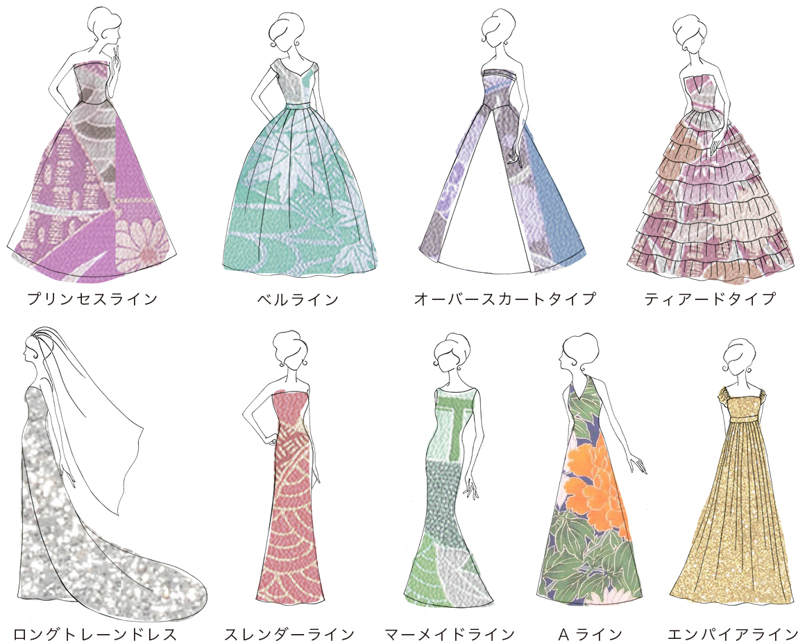 プリンセスライン/ベルライン/オーバースカートタイプ/ティアードタイプ/ロングトレーンドレス/スレンダーライン/マーメイドライン/Aライン/エンパイアライン